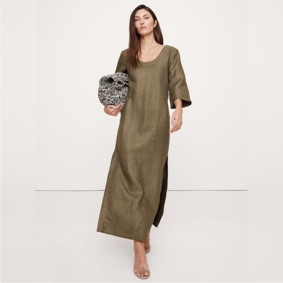 NWT! Banana Republic Spiced Olive Green Linen Scoop-Neck Maxi Dress - Small - Picture 1 of 4